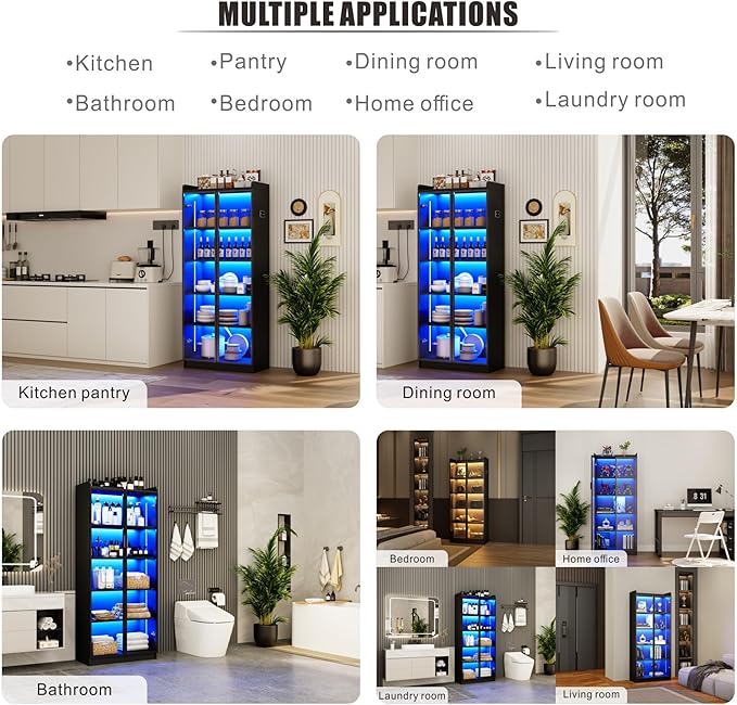 Display Cabinet with Adjustable Shelves, 65" Tall Bookcase with LED Lights/Human Sensor, 5 Tier Display Case for Collectibles Bedroom Living Room Office, Black - Transparent Acrylic Doors