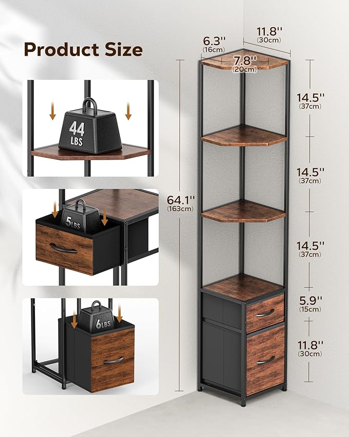 Housolution Corner Shelf Stand with Storage, 63.8'' Tall 6-Tier Corner Bookshelf Includes 2 Fabric Drawers, Freestanding Corners Storage Shelf for Living Room Bedroom Kitchen Bathroom (Black + Brown)