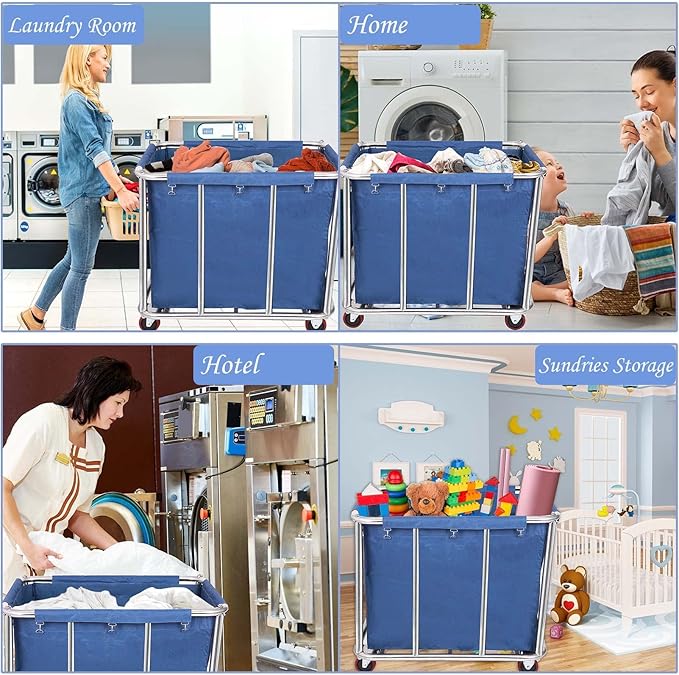 12 Bushels Laundry Cart for Commercial/Home,Heavy Duty Large Stainless Steel Rolling Laundry Basket with Wheels，for Hotel, School, Laundry,260LBS Load