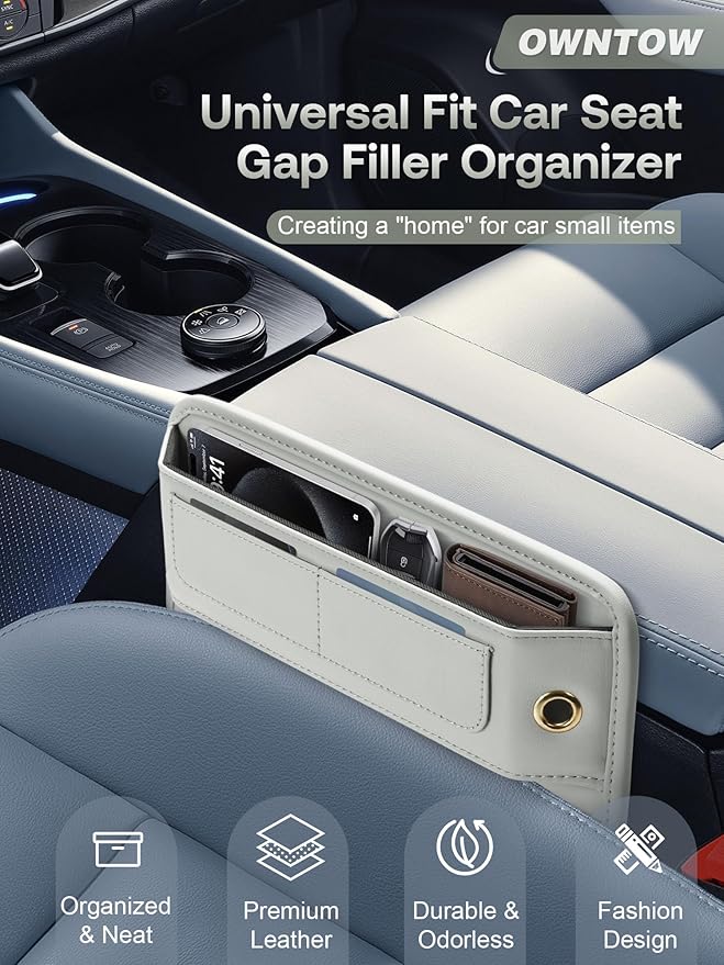 Premium Leather Car Seat Gap Filler Organizer, Universal Fit Interior Accessory with Card Slots, Car Center Console Organizer for Suv, Truck (Beige, 2 Pack)