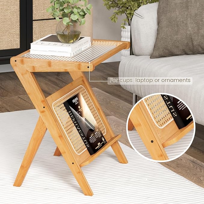 Giantex Rattan Side Table, Boho Nightstand with Glass Top & Magazine Rack, End Table with Storage, Bamboo Bedside Table for Small Space Living Room Bedroom (Natural,1)