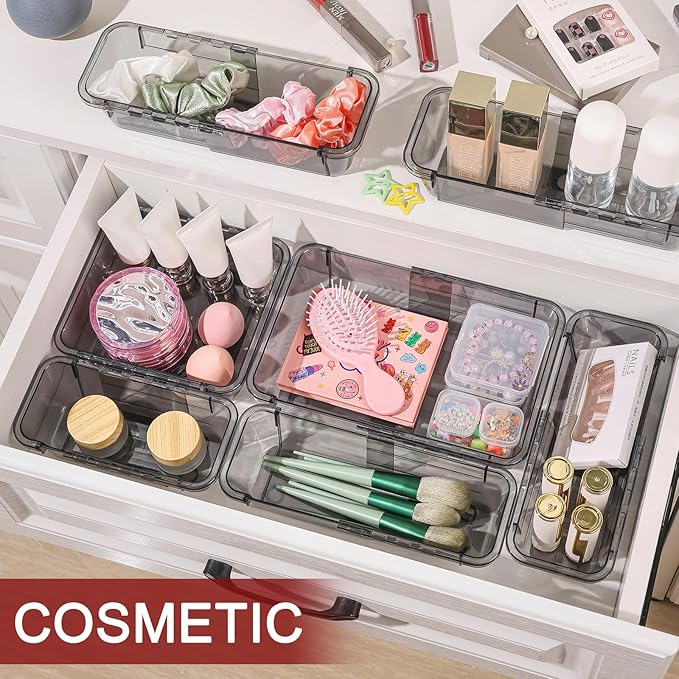 15 Pcs Extendable Clear Drawer Organizer, All Adjustable Vanity Storage Box, 2-Size Desk Drawer Organizer, Acrylic Storage Bins for Makeup, Bedroom Dressers Tool Organizer for Gadgets, Black
