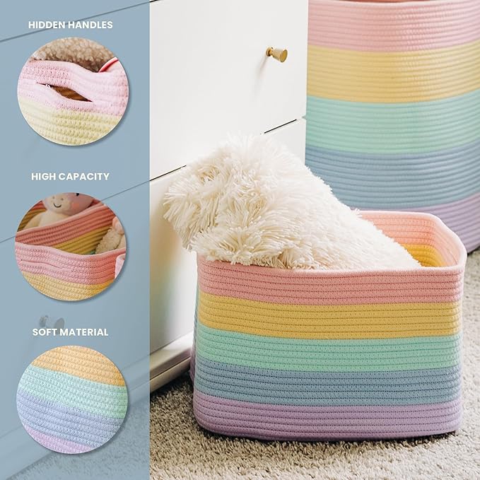 OrganiHaus Set of 3 Pastel Rainbow Woven Storage Baskets for Shelves, Decorative Organizer Bins for Kids Room, Nursery & Classroom, Colorful Toy Storage Basket for Playroom Decor – 15x9x10 inches