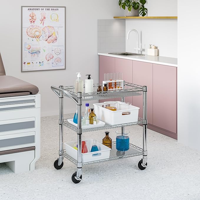 Seville Classics UltraDurable NSF Commercial Heavy Duty Metal Rolling Utility Cart, Handle Bar for Restaurant, Garage, Warehouse, Kitchen, Office, Deep Top Basket (34.8"W x 18.25"D)
