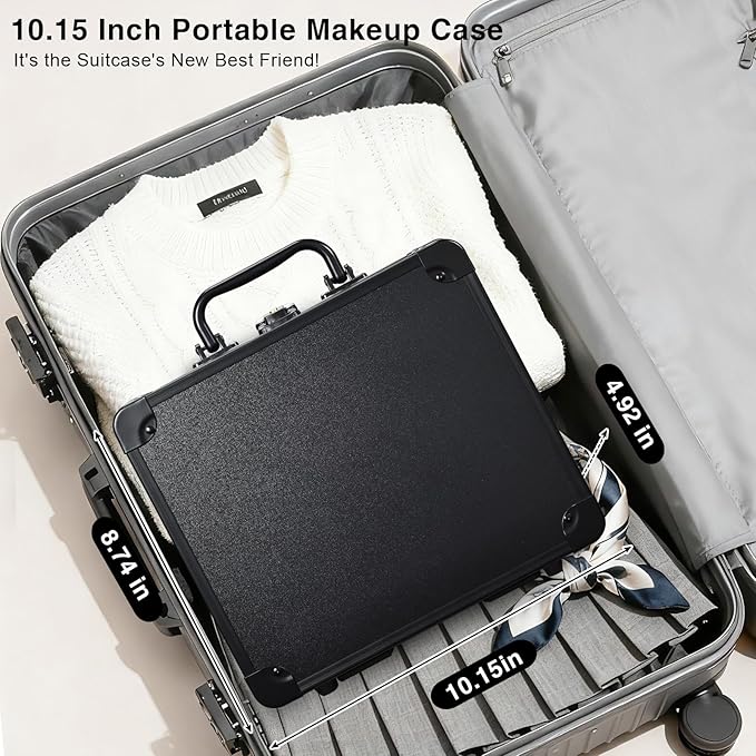 Makeup Case with Magnetic Lighted Mirror Makeup Organizer Box Travel Cosmetic Case with 3 Colors LED Mirror Portable Vanity Make up Suitcase with Lockable Keys Dividers Brush Holder, Black