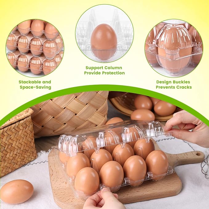 LOVEINUSA 100 PCS 12 Count Plastic Egg Cartons, with 105PCS Date Labels, Bulk Cheap Clear Reusable Egg Holder for Fresh Medium Eggs Storage, Suitable for Farms, Families, Markets Display