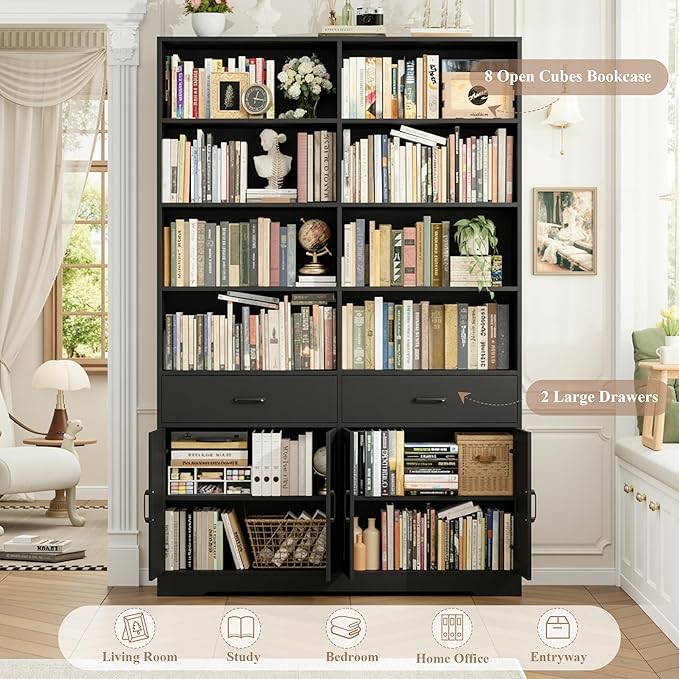 HOSTACK 78" Tall Bookshelf with Doors, Double Wide Bookshelf with Storage Drawers, Large Bookcase with Cabinet and 8 Open Display Shelves, Farmhouse Wood Bookcase Book Shelf for Living Room, Black