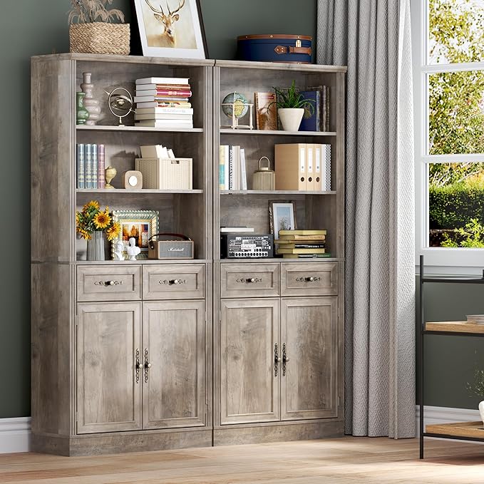 71.4" Tall Bookshelf with Drawers & Cabinet, 5-Tier Floor Standing Bookcase with Storage Doors, Adjustable Shelves & Metal Handles, 31.5" Wide Organizer for Home Office, Living Room
