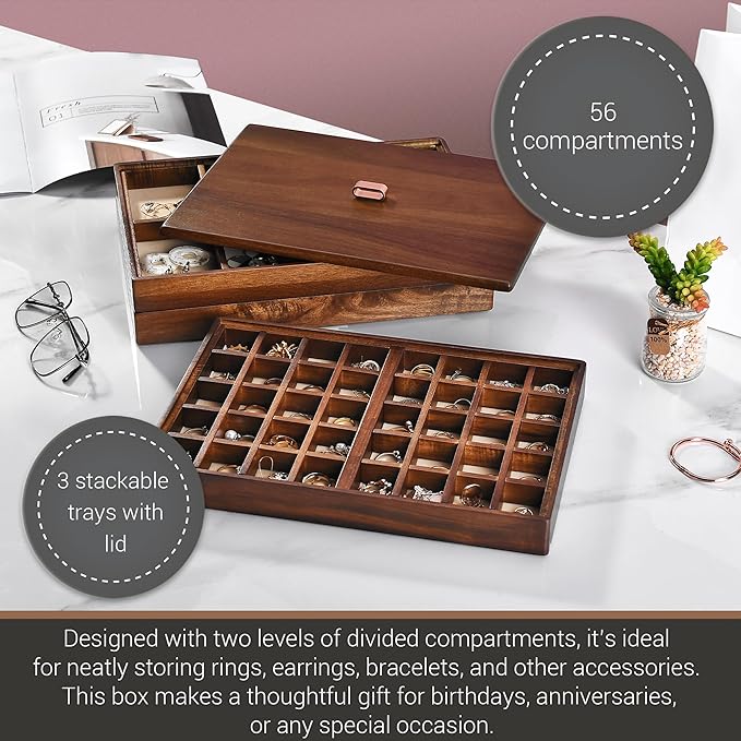 Shanik Custom Engraved Jewelry Box for Women – 3-Tier Stacked Organizer with Rearrangeable Grid Slots for Rings, Necklaces & Earrings