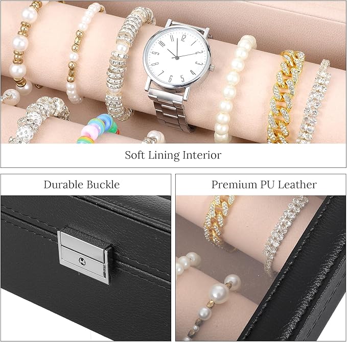 Bracelet Display Holder with Rods for Bangles Watches, Clear Lid Jewelry Organizer Box Storage Case for Women Girls -Black