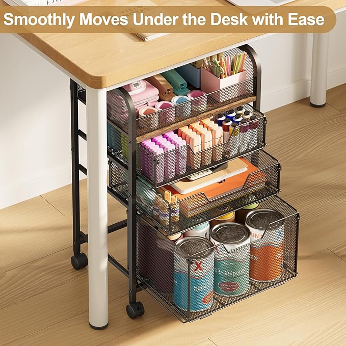 4-Tier Rolling Utility Cart with 3 Drawers - Craft Organizers and Storage with 360° Lockable Wheels,Art Supply Storage Organizer for Art Supplies, Store for Brushes & Paints & Artifacts Small Parts
