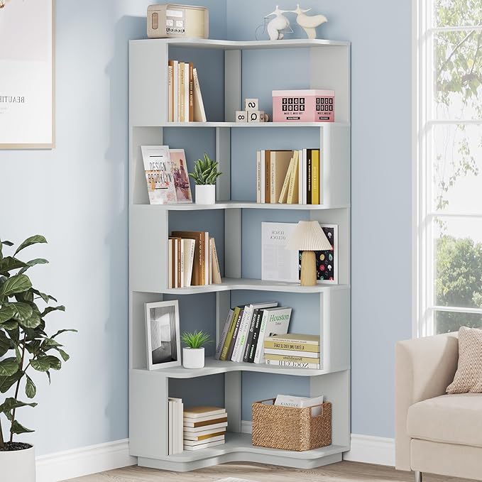 Tribesigns 6-Tier Corner Bookshelf, 64.96 Inch Tall Bookcase with Anti-Drop Panel, Modern Freestanding Corner Shelf Display Rack Storage Organizer for Home Office, Living Room, Silver Gray
