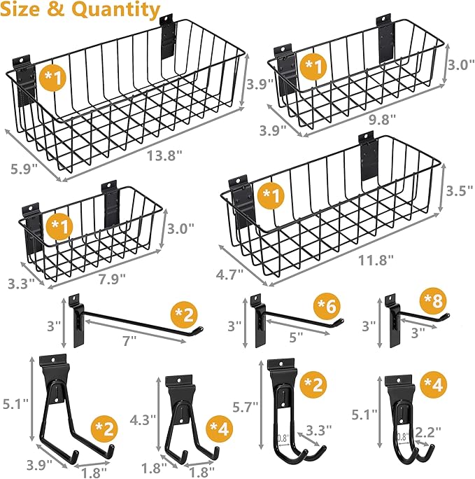 Heavy-Duty Slatwall Baskets and Hooks - Slatwall Accessories for Standard Slatwall Panels | Ideal for Organizing Garages and Workshops