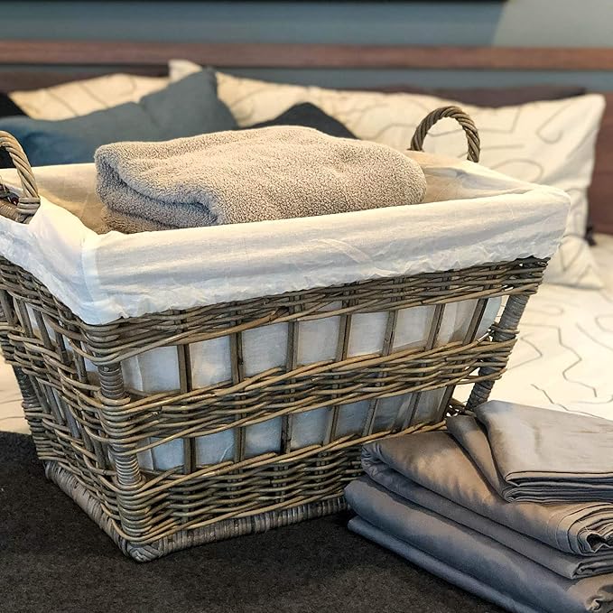 The Basket Lady Kubu Wicker French Laundry Basket, 23 in L x 18.5 in W x 18.5 in H, Serene Grey
