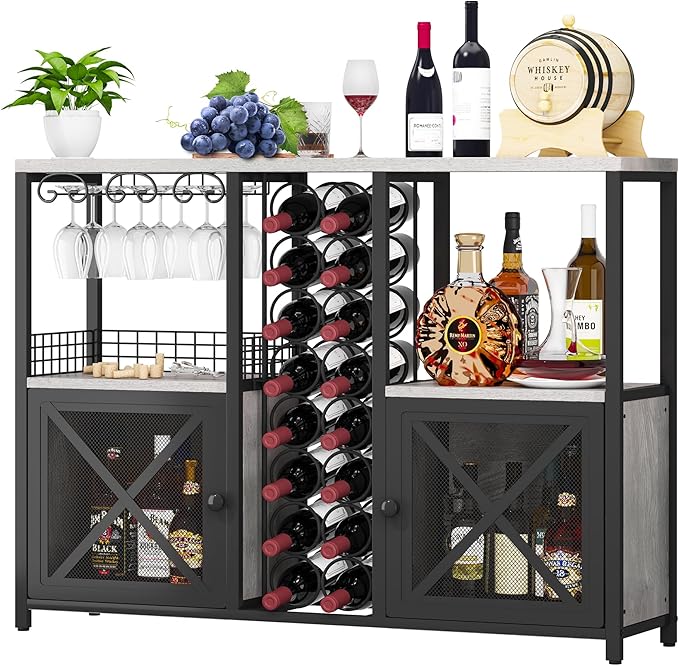 Homeiju Mini Bars for Home, Wooden Coffee Bar Cabinet, Modern Liquor Cabinet for Liquor and Glasses, Farmhouse Buffet Wine Bar Cabinet with Storage Sideboard for Home Kitchen Dining Room (Light Grey)