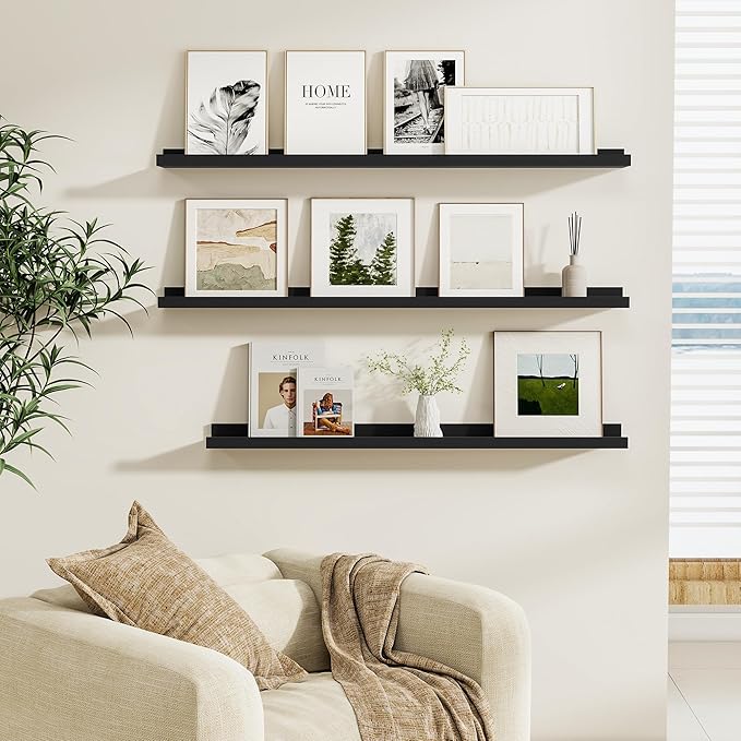 Fun Memories Picture Ledge Shelf, Black Floating Shelves Set of 4, 32 Inch Picture Shelves for Wall with Ledge, Large Nursery Book Shelf for Toys Storage, Living Room, Bedroom Decor Frames