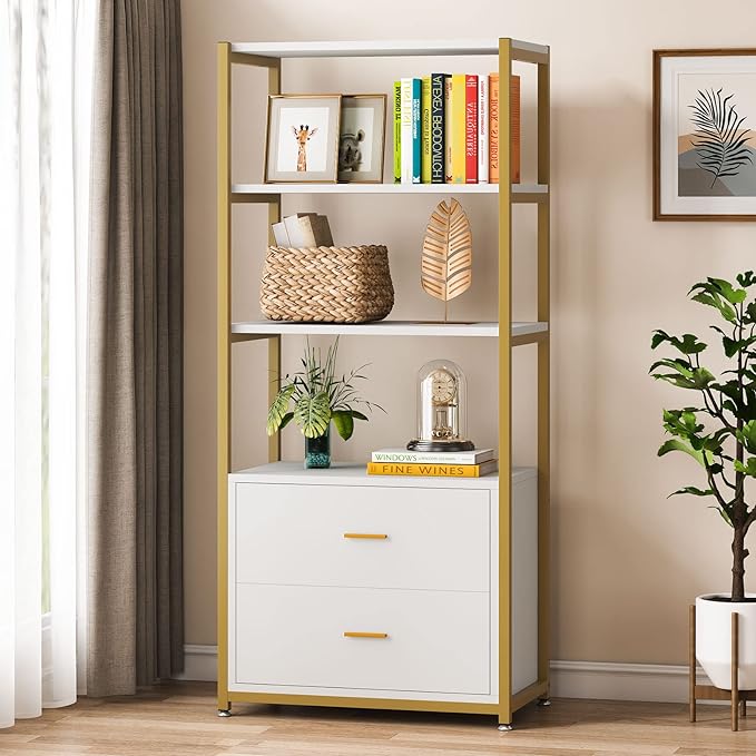 Tribesigns Bookcase, 4-Tier Bookshelf with 2 Drawers, Etagere Standard Book Shelves Display Shelf for Home Office (Gold/White)