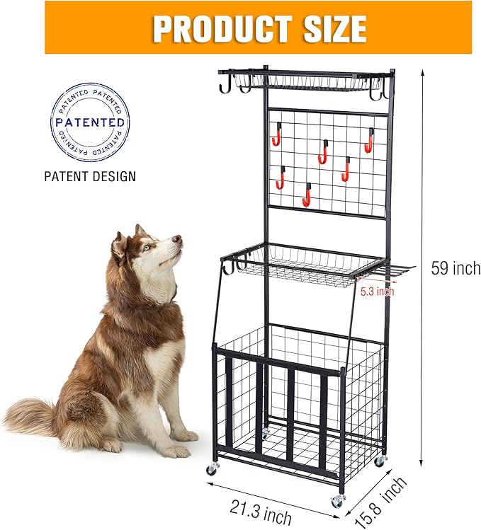PLKOW Sports Equipment Storage for Garage, Indoor/Outdoor Sports Rack for Garage, Ball Storage Garage Organizer with Basket and Hooks,Toy/Sports Gear Storage