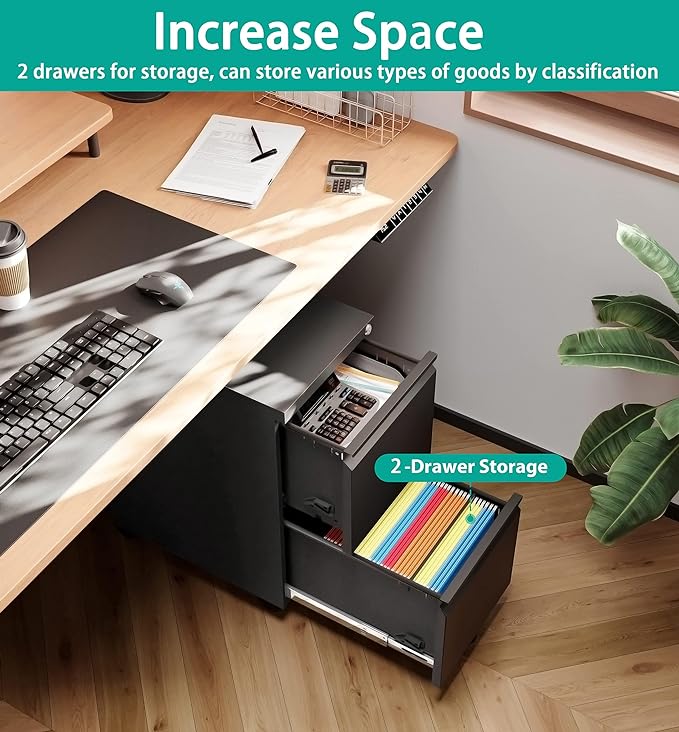 SISESOL 2 Drawer File Cabinet on Wheels,Metal Filing Cabinet with Lock,Black Rolling File Cabinets with Casters,Under Desk Office Cabinets for Home Office,Fit A4/Letter/Legal,Easy Assembly