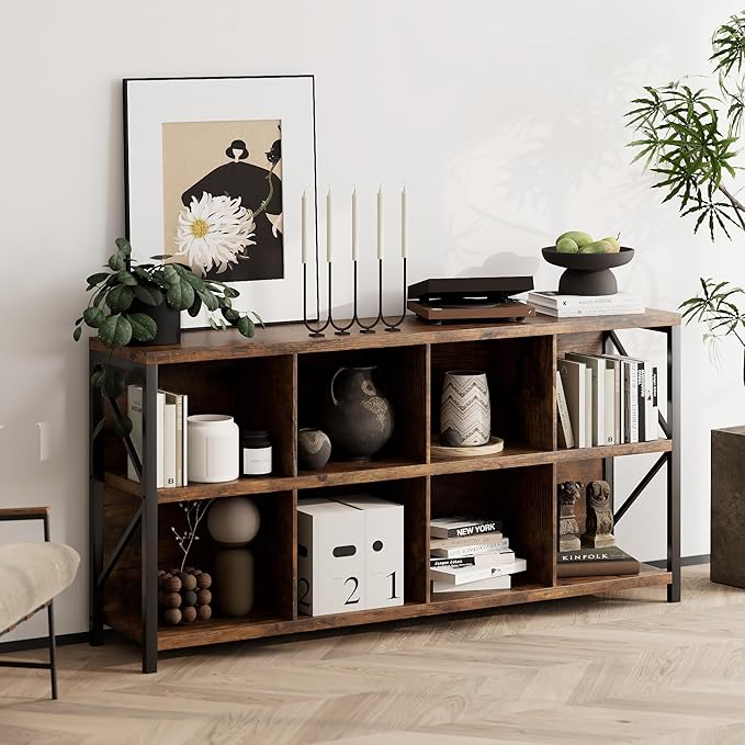 otlectics 2-Tier Bookcase with 8 Cubes, 63 Inch Industrial Horizontal Bookshelf, Home Office Storage Cabinet Organizer with Metal Legs, Rustic Brown