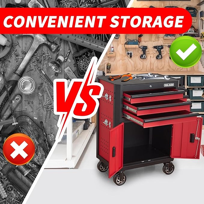 Rolling Tool Chest with Locking Wheels - Tool Box with 3 Drawers & 1 Big Tool Cabinet with 2 Door, 18.5" D x 28" W x 40" H Mobile Tool Storage Cabinet, Heavy-Duty Garage Organizer w/Ergonomic Handle
