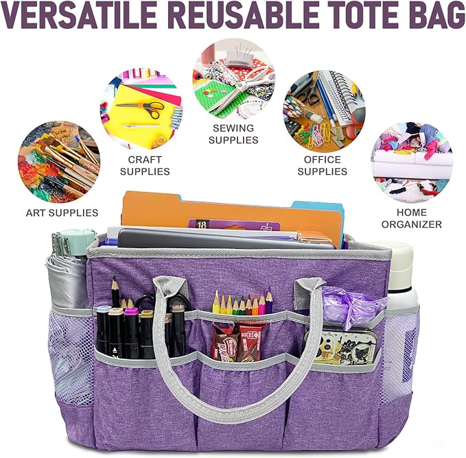 Cupohus Water-Resistant Art Organizer Tote Bag - Craft Storage Bag with Multiple Pockets and Handles for Artists, Kids, Students, and More – Purple