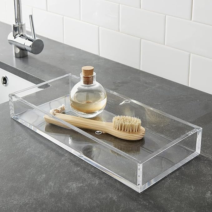 Huang Acrylic Clear Catchall Decorative Tray | Minimalistic Design for Keys, Wallet, Perfume, Jewelry, or Makeup | Rectangular Organizer Tray for Vanity, Dresser, Bathroom, Bedroom | 14 x 6.25 inches