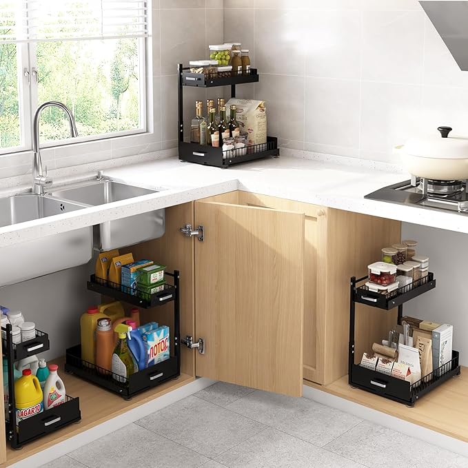 Under Sink Organizer,2 Tier Slide Out Kitchen Cabinet Organizers with Pulley,Under Bathroom Sink Pull Out Organizer with Multiple Height Adjustments for Kitchen and Bathroom Cabinets(Black)