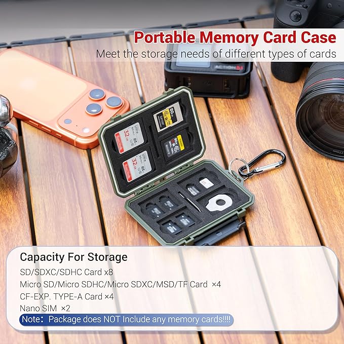 IP67 Waterproof Memory Card Case, Anti-Shock Memory Card Holder for 8 SD SDHC SDXC Cards,4 Micro SD SDHC SDXC TF MSD Cards,4 CFexpress Type-A CFA,2 Nano SIM Storage Carrying Case - Black