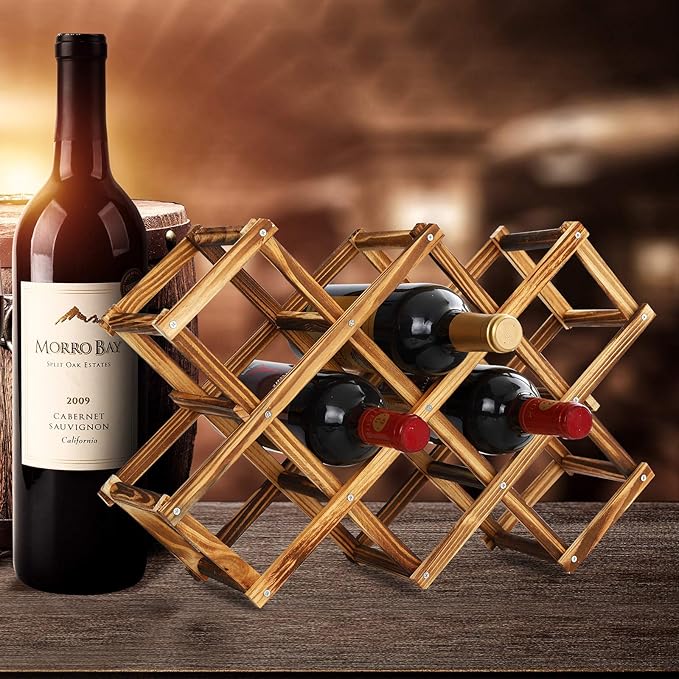Freestanding Wine Rack, Holds up to 10 Bottles, Foldable Countertop & Cabinet Wine Holder – Wine Rack for Red Wine, Water Bottles, and Drink Storage, No Assembly Required