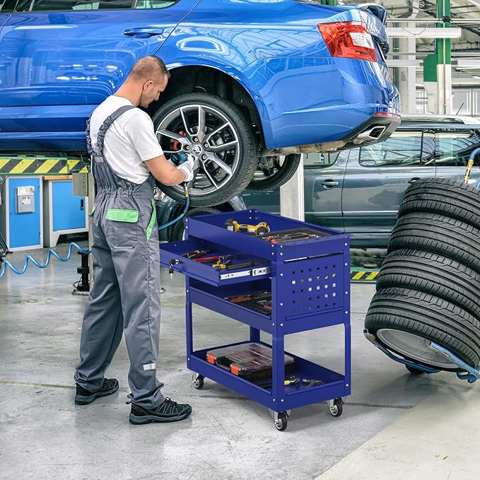3 Tier Rolling Tool Cart on Wheels, 550 LBS Tool Cart with Drawers，Heavy Duty Utility Cart with Pegboard and Hook，Mechanic Tool Storage Cart for Garage, Warehouse and Repair Shop(Dark Blue)