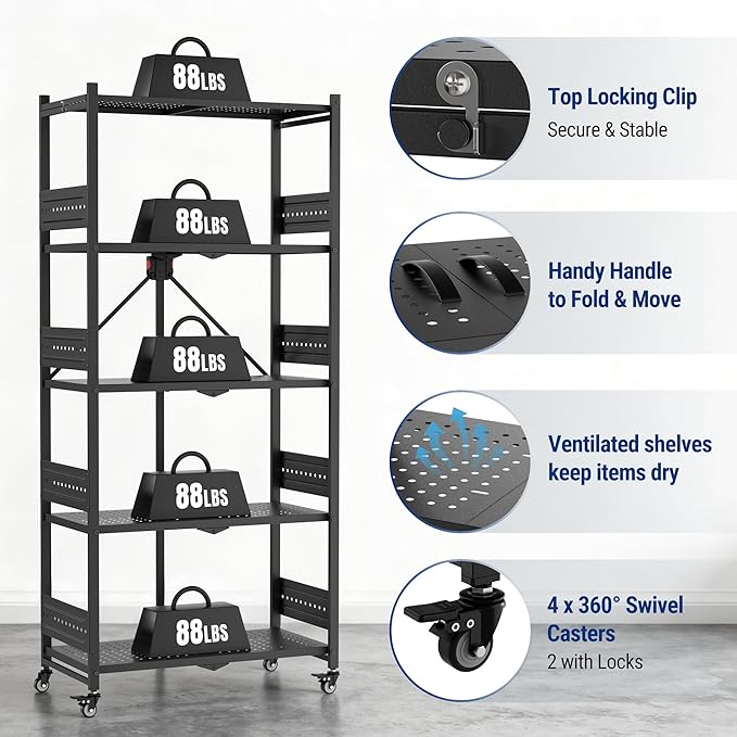 WORKPRO 5-Tier Folding Shelf, No-Assembly Metal Storage Rack with Wheels, 750 lbs Capacity (Without Wheels), Collapsible Shelving Unit for Kitchen, Pantry, Bathroom & Closet Organization