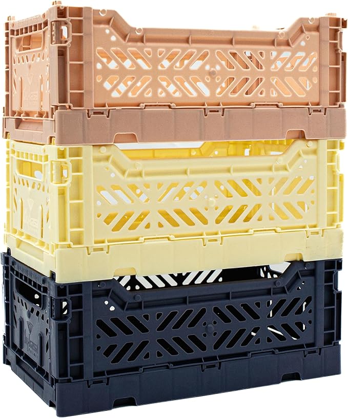 Collapsible Storage Box, Foldable Crate Organizer Bin with Handle, Stackable Crates for Home Organization (Cream-Navy-MilkTea, 4L -3-Pack)