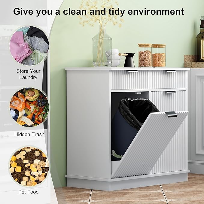 White Double Tilt Out Laundry Hamper Cabinet Laundry Basket Cabinet Hidden Laundry Hamper with 2 Drawers & 2 Baskets for Bathroom Bedroom,30x30x16in