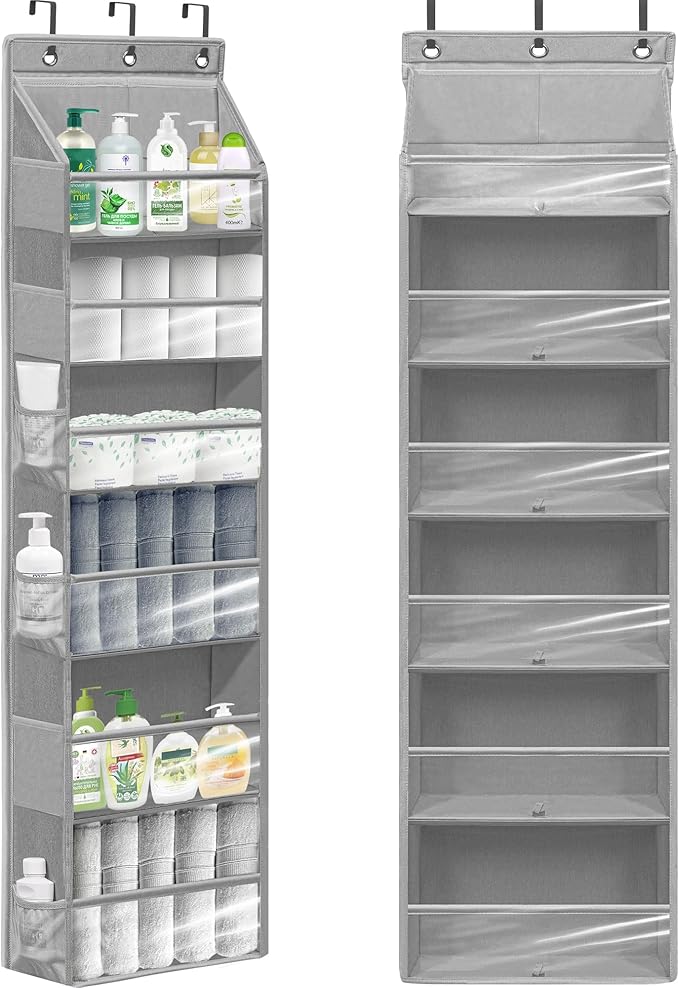 Over Door Organizer with 6 Extra Large Pockets 12 Side Pockets, Sturdy Closet Storage Rack, Hanging Storage Organizer with Clear Window for Shoes, Diapers, Toys, Bedroom, Bathroom, Grey