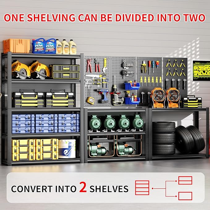2800LBS Heavy Duty Garage Shelving, 47.2"W Adjustable Garage Storage Shelves, 5 Tier Industrial Utility Shelf Storage Racks, Metal Shlefs for Storage Shelving Units, 47.25"W x 19.7"D x 72"H