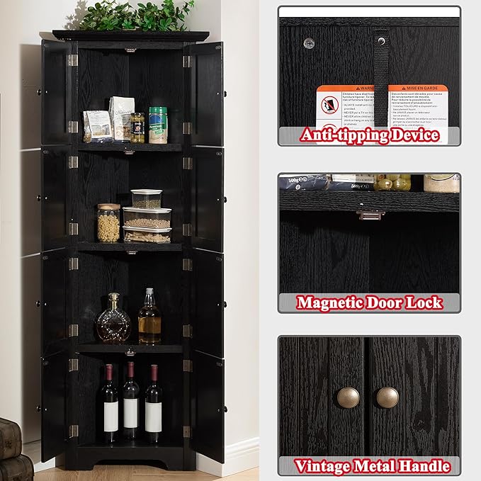 72" H Farmhouse Corner Storage Cabinet with 8 Doors & 4 Shelves, 4 Tier Kitchen Corner Pantry Cabinet Wooden Organizer Case Bookshelf, Home Space Saver Cabinet for Kitchen,Living Room(Black)