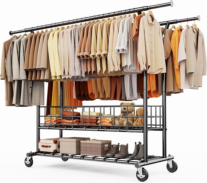 HOKEEPER Heavy Duty Clothes Rack Load 625 LBS, Clothing Rack for Hanging Clothes, Adjustable Black Double Rod with Metal Basket, Portable Rolling Garment Rack with Wheels for Bedroom, Laundry Room