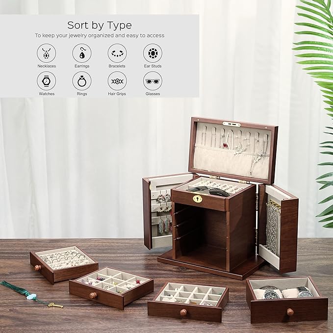 wooden Jewelry Box and Organizer - 8-Layer Lockable Wooden Jewelry Boxes for Women - Large Jewelry Boxes and Organizer with Key,Gift for Wife,dresser top jewelry box with lock