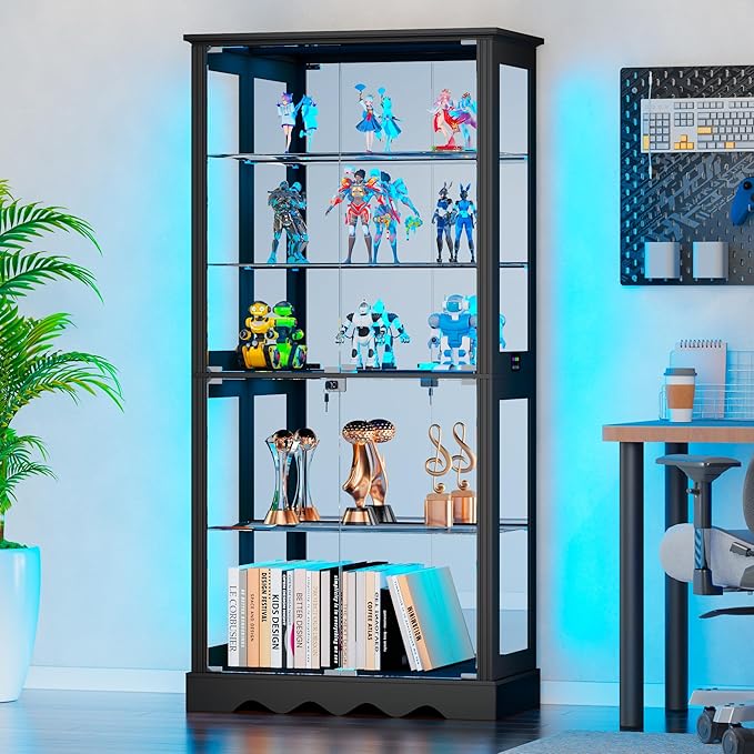 Display Cabinet with Glass Doors, 71'' Tall Curio Cabinet with RGB Lights for Collectibles, LED Display Case with Removable Shelf for Book/Medal/Figure, Black