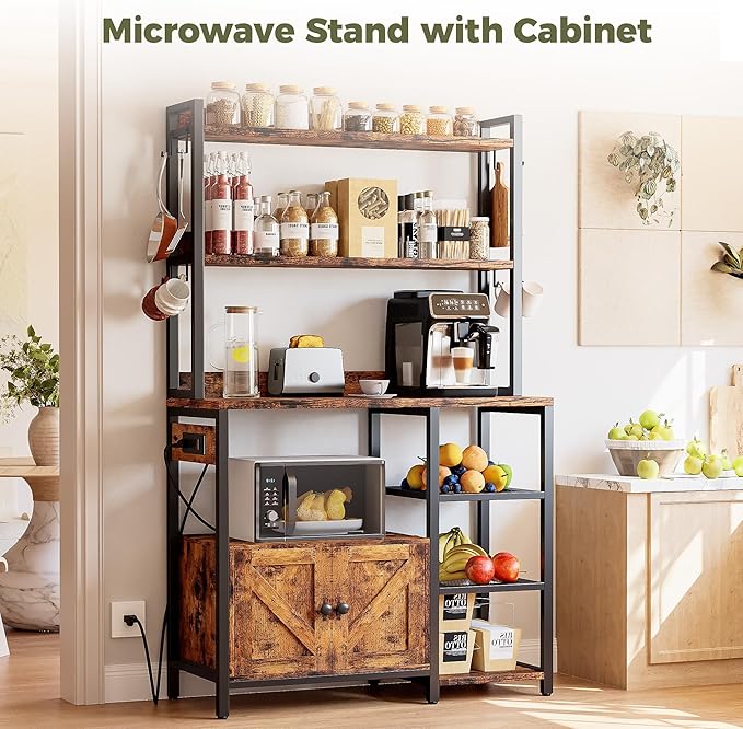 IRONCK Bakers Rack with Cabinet, Kitchen Bakers Rack with Power Outlets, Microwave Stand with Storage, Coffee Bar with 8 Metal Hooks