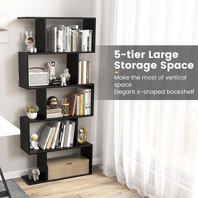 5-Tier Geometric Bookcase, 62.5” Freestanding Room Divider Bookshelf with Open Display Shelves & Anti-tip Device, Wood S-Shaped Storage Organizer for Living Room, Bedroom, Study & Home Office