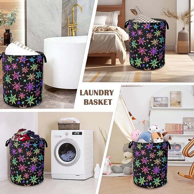 Laundry Hamper,Bright Neon Stars Laundry Basket,Waterproof Oxford Cloth Storage Basket with Handle for Clothes Books Nursery Home Storage Sundries 16"x20"