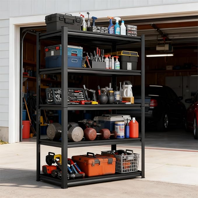 Storage Shelves, Garage Metal Shelving Unit, Adjustable, Double-Layer Column with Reinforced Ribs, Heavy-Duty, Capable of Bearing 600-3600 lbs (Balck, 63 * 39 * 20, 5-Tier)