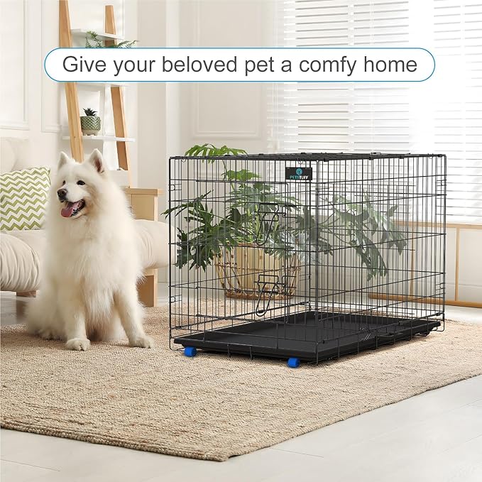 PetsTuff Great CRATES 36” Large Dog Crate - Heavy-Duty Dog Kennel with Divider Panel for Pets 40-60lbs - Durable Leaf-Proof Tray - Foldable, Carry Handle & Wheels for Easy Moving - Two-Door Dog Cage