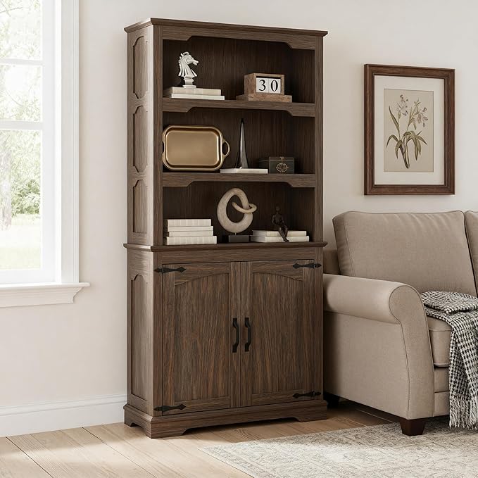 70 Inch Farmhouse Bookcase, Walnut Two-Tone Shelves, 5 Tier Bookshelf with Arched Trim Doors, Living Room Storage Cabinet Unit, 31.5x11.8 Inches (Walnut, Doors Storage)