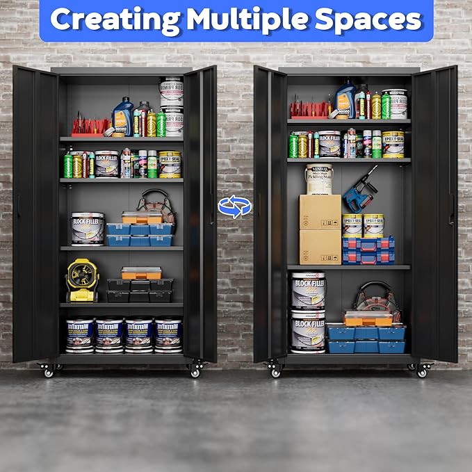 73" H Metal Garage Storage Cabinet with Wheels,Rolling Tool Storage Cabinet with 2 Doors and 4 Adjustable Shelves for Garage,Home,Office,Warehouse,Workshop, Required-Assembly,Black