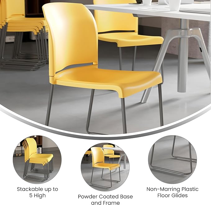 Flash Furniture HERCULES Series 5 Pack 880 lb. Capacity Yellow Full Back Contoured Stack Chair with Gray Powder Coated Sled Base