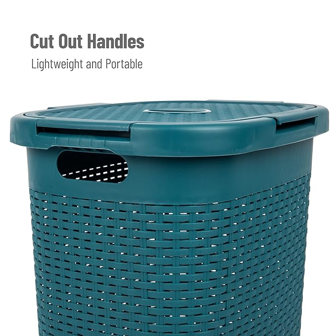 Mind Reader Slim Laundry Hamper with Lid, 60L Clothes Basket, Premium Wicker Design, Plastic, Blue
