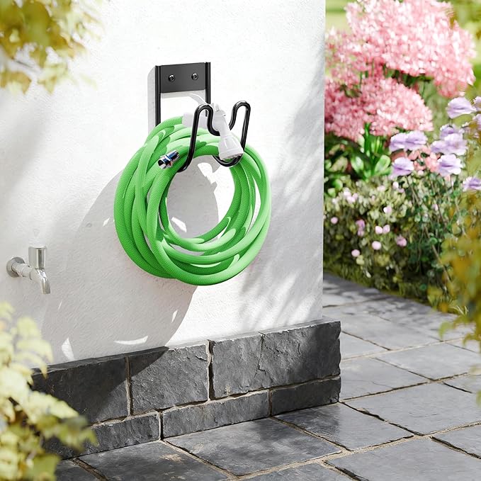 Black Metal Garden Hose Holder - Wall Mounted Water Hose Holder - Hose Hanger Heavy Duty for Water Hose Extension Cords Vacuum Hose (2 Pack)